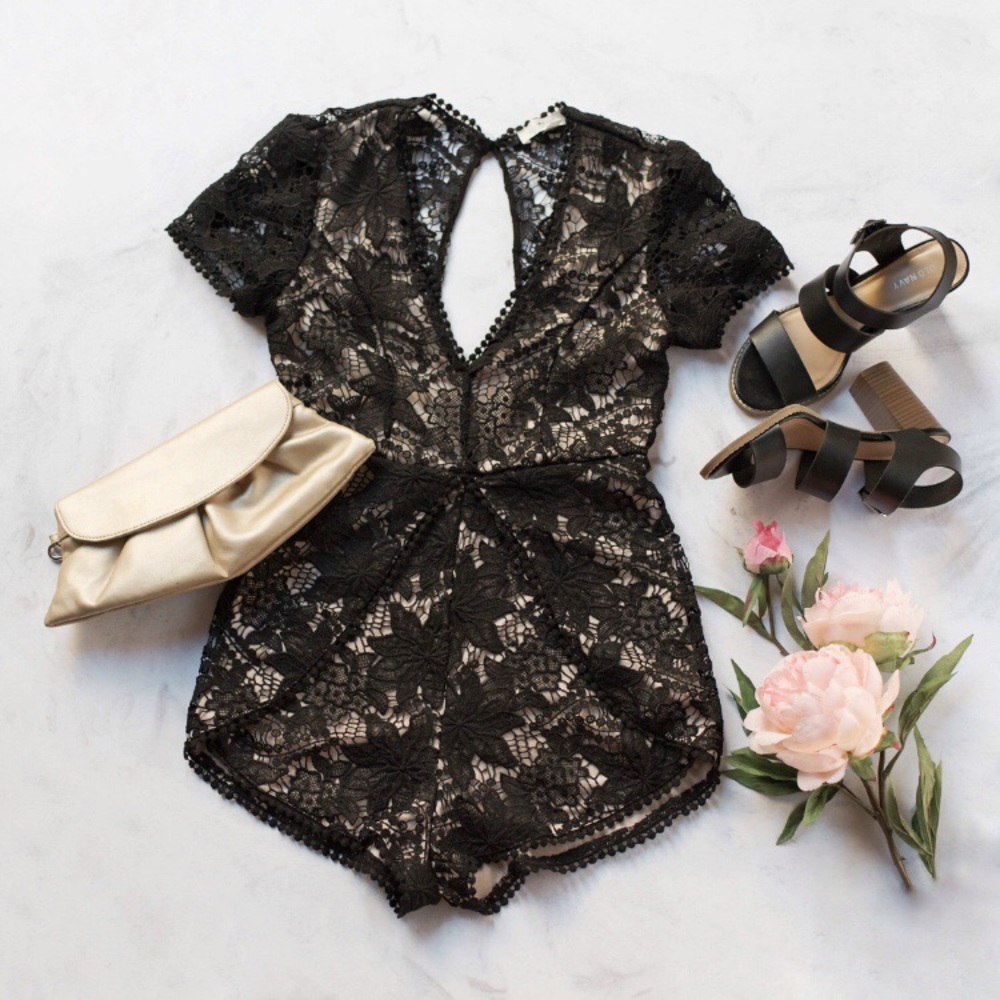 Black lace romper with tan lining S